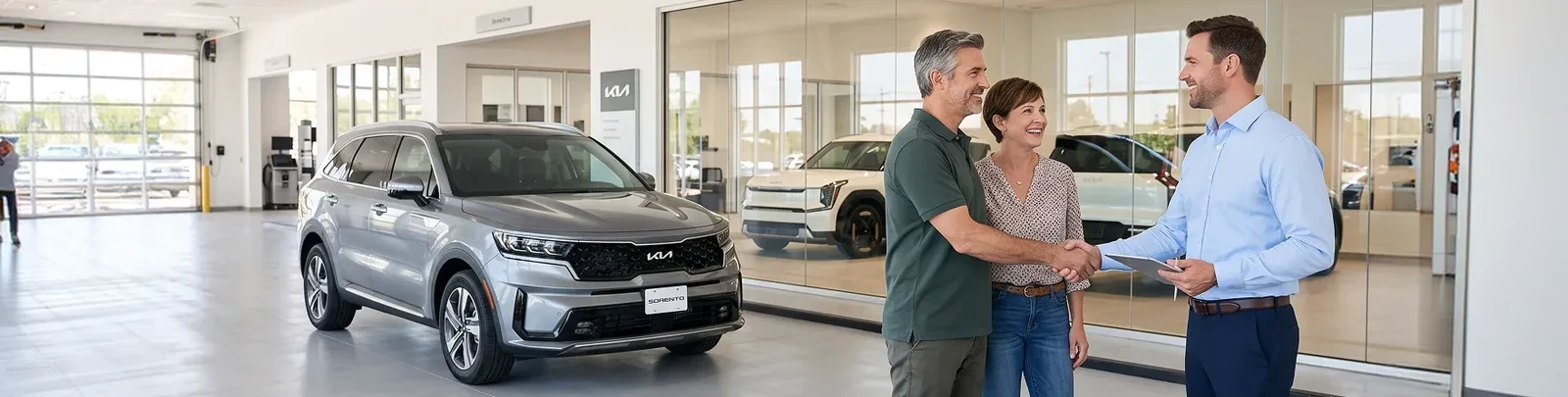 A Kia advisor shaking hands with customers in the showroom.