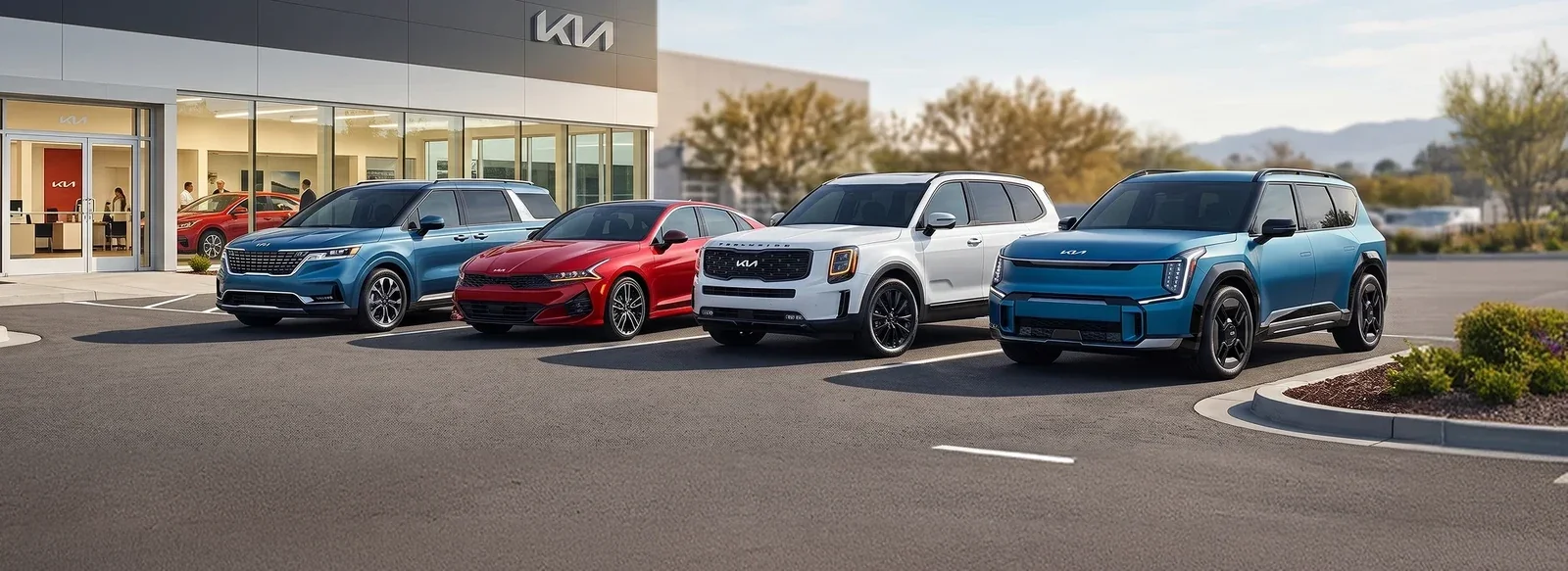 Kia certified pre-owned SUVs lined up outside the dealership.