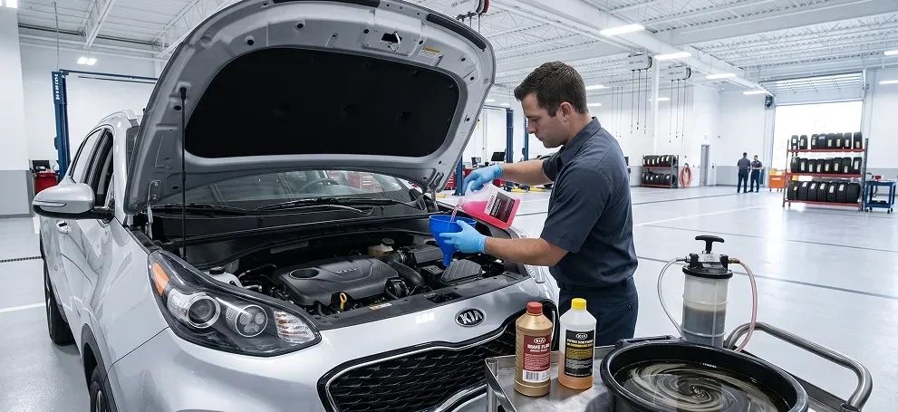 A technician topping up fluids under the open hood of a Kia.