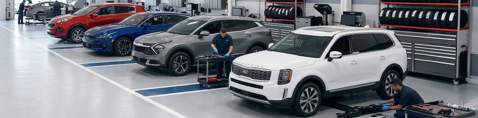 Kia vehicles lined up in the service bays with technicians at work.