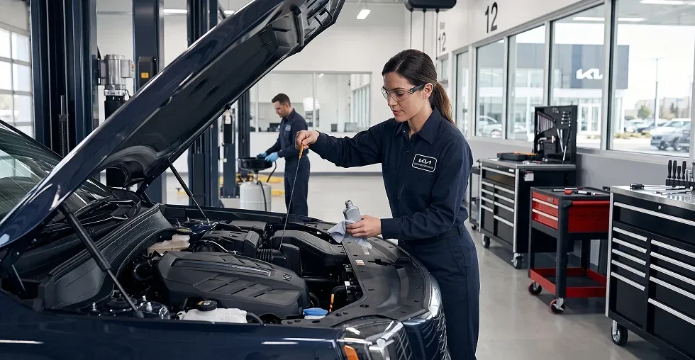 A Kia technician checking the engine oil under an open hood.