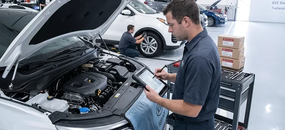 A Kia technician using a tablet beside an open engine bay.