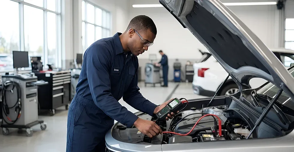 A Kia technician testing the battery under the open hood.