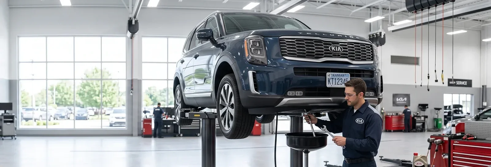 A Kia Telluride raised on a lift in the service bay, a technician beneath it.