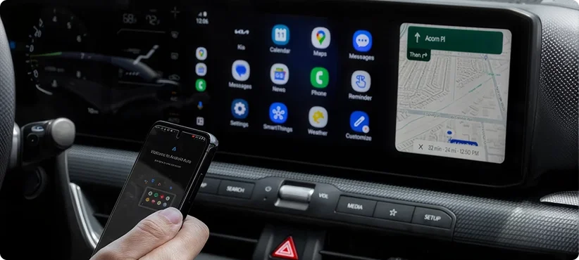 Hand holding a smartphone in front of the 2026 Kia K4 touchscreen running Android Auto with a navigation map on screen