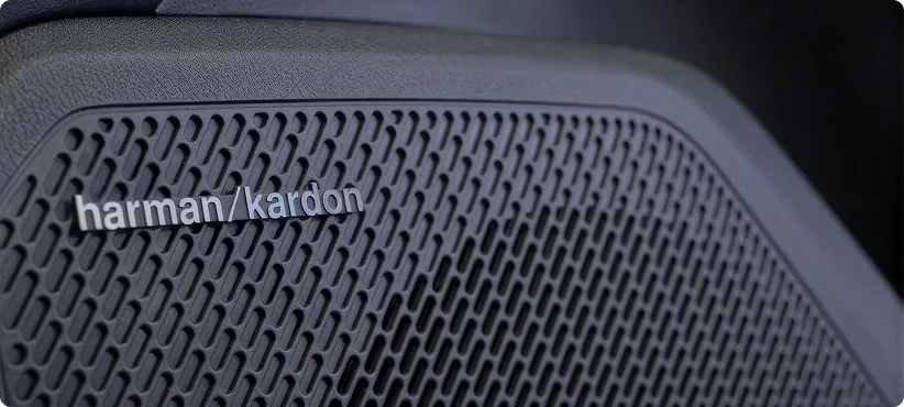 Close-up of a harman/kardon speaker grille set into the 2026 Kia K4 door trim