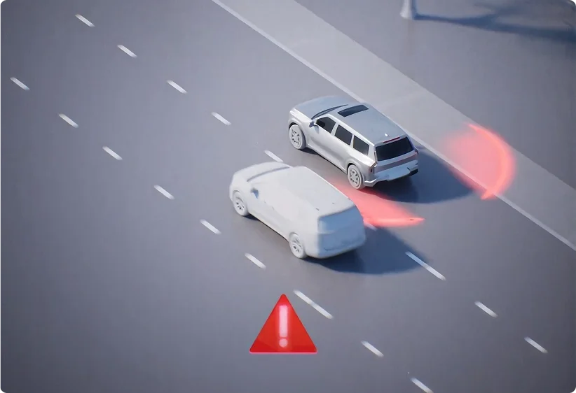 Illustration of a vehicle on a highway with a red alert zone highlighting another vehicle in its blind spot