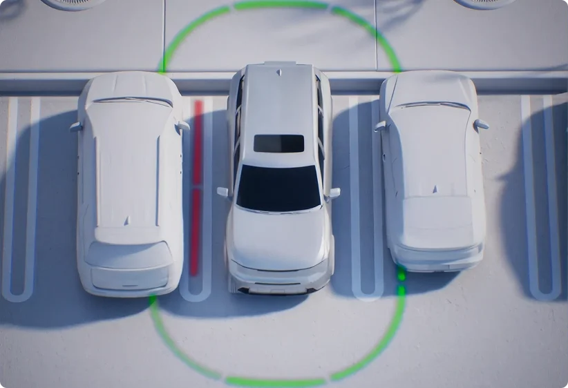 Illustration of a vehicle parked between two cars with a green sensor ring and proximity bars around it