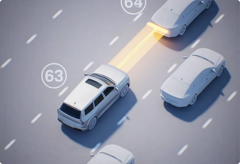 Illustration of a vehicle traveling at 63 mph on a highway with a yellow beam measuring the distance to the vehicle ahead