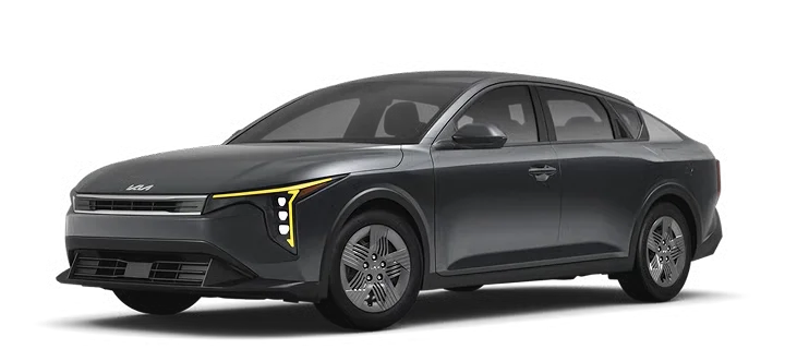 Dark gray 2026 Kia K4 LX shown from the front three-quarter view on a white background