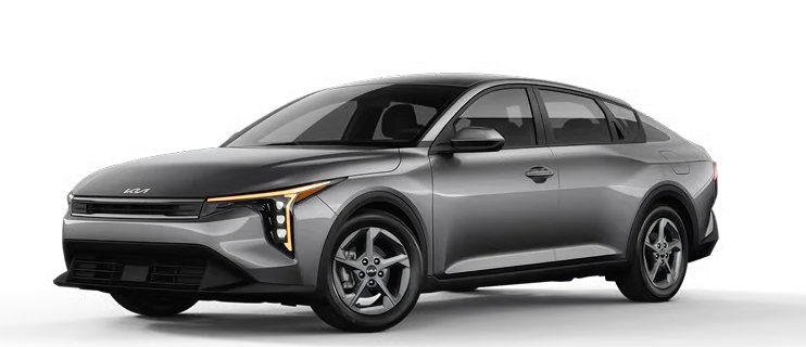 Gray 2026 Kia K4 LXS shown from the front three-quarter view on a white background