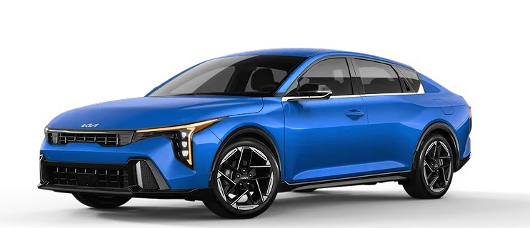 Blue 2026 Kia K4 GT-Line shown from the front three-quarter view on a white background