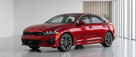 Red Kia sedan shown from the front three-quarter view in a bright showroom