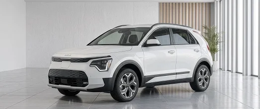 Silver Kia hybrid SUV shown from the front three-quarter view in a bright showroom