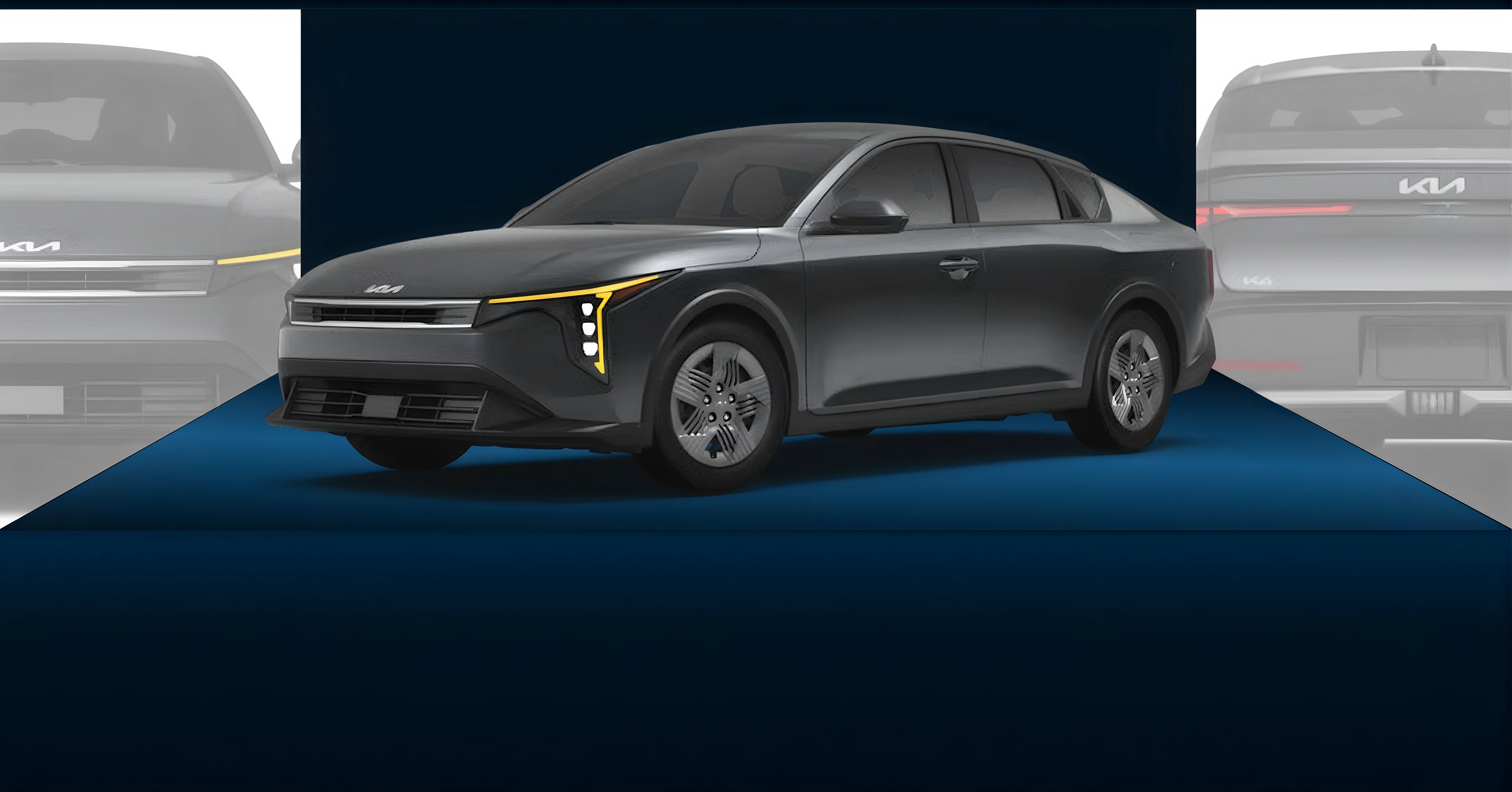 Dark gray 2026 Kia K4 shown on a navy stage between faded front and rear views of the same sedan