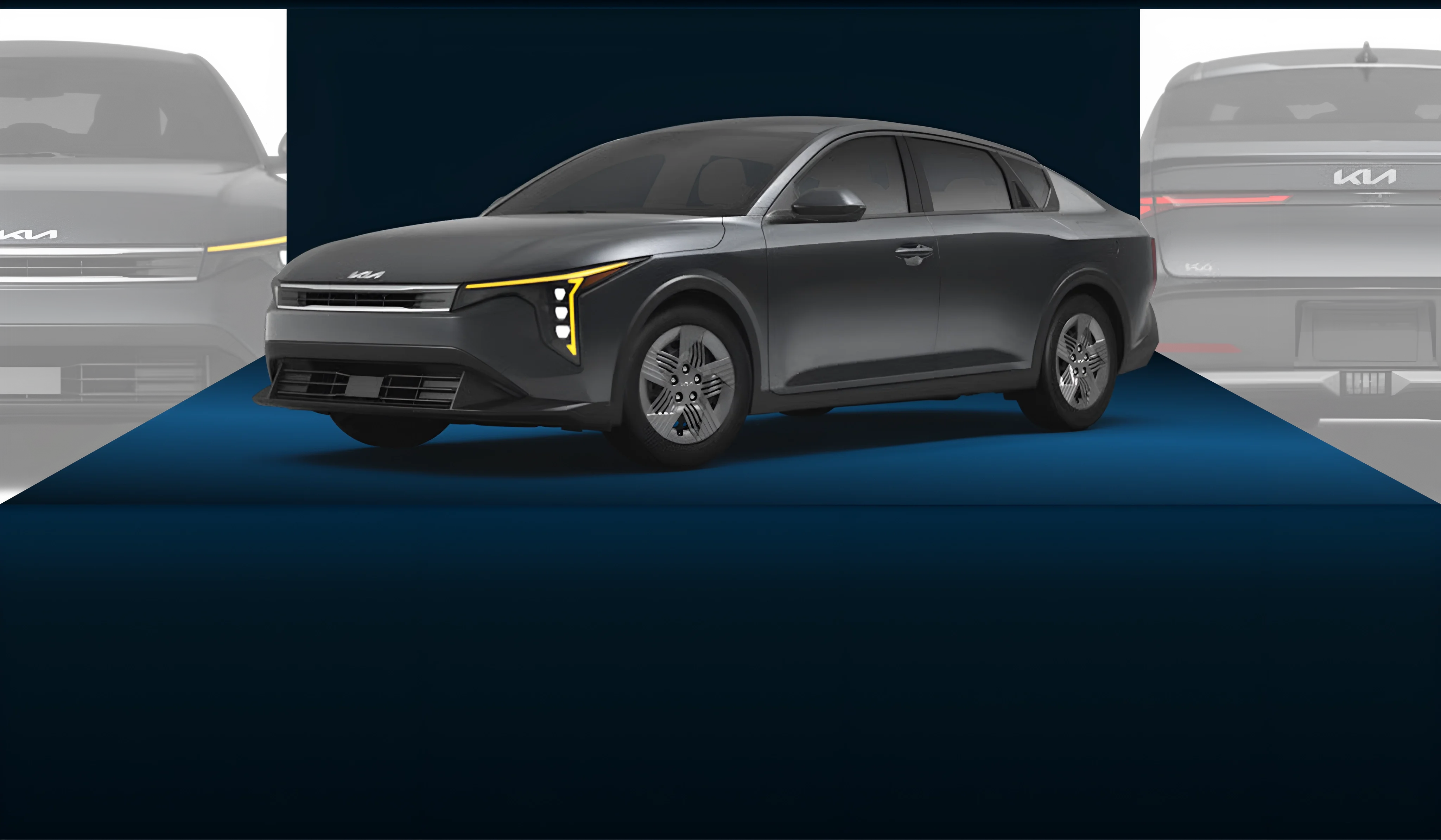 Dark gray 2026 Kia K4 shown on a navy stage between faded front and rear views of the same sedan