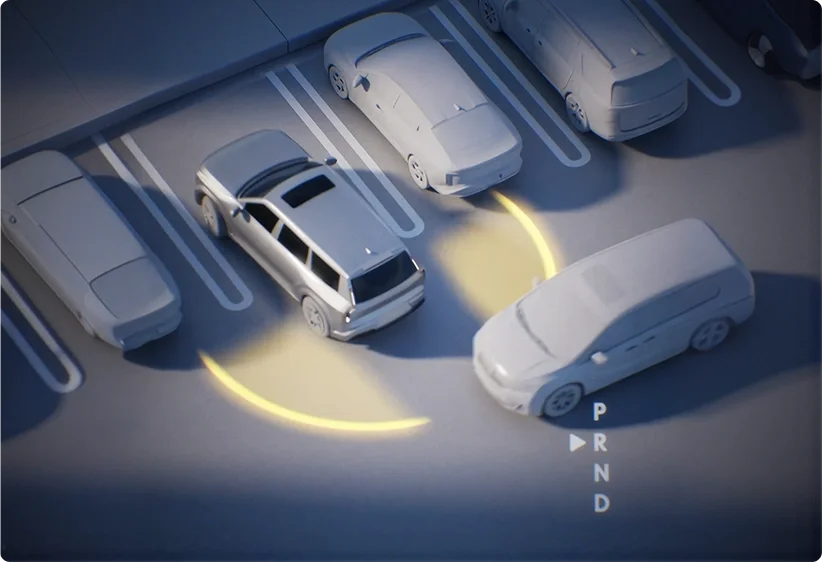 Illustration of a vehicle reversing out of a parking space with yellow sensor arcs detecting an approaching car