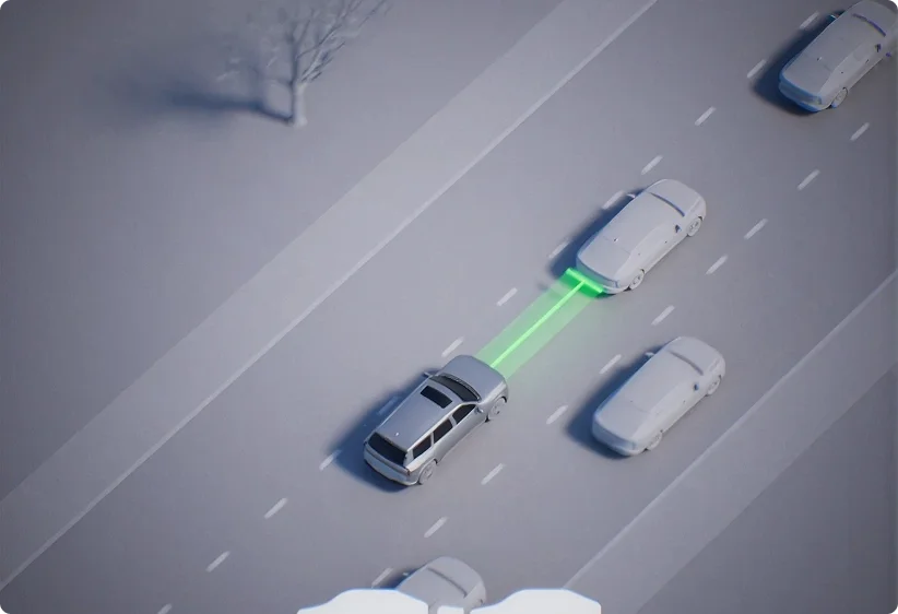 Illustration of a vehicle on a snowy highway with a green beam measuring the distance to the vehicle ahead