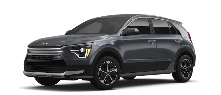 Dark gray 2026 Kia Niro Hybrid LX shown from the front three-quarter view on a white background