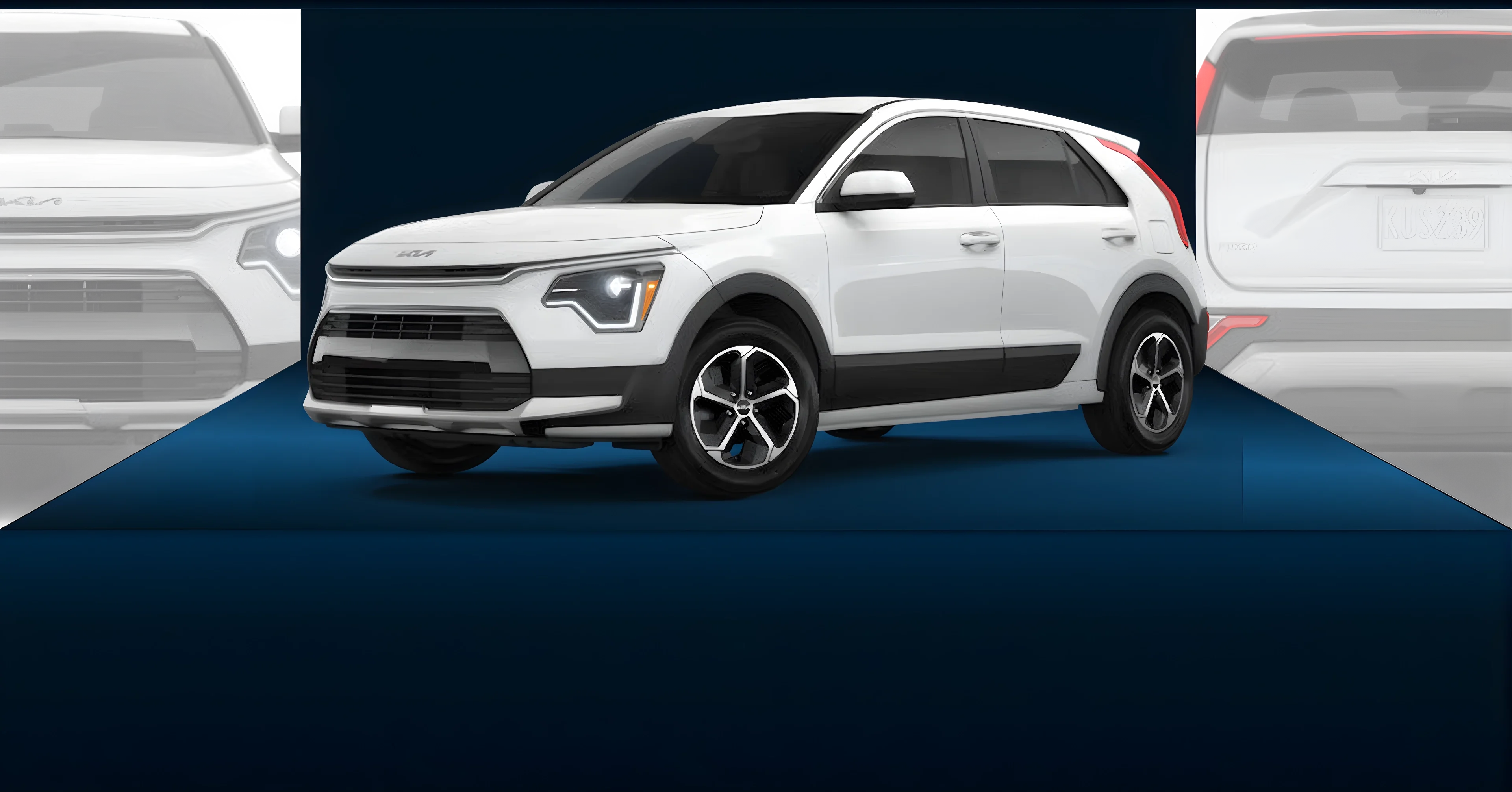 White 2026 Kia Niro Hybrid shown on a navy stage between faded front and rear views of the same crossover