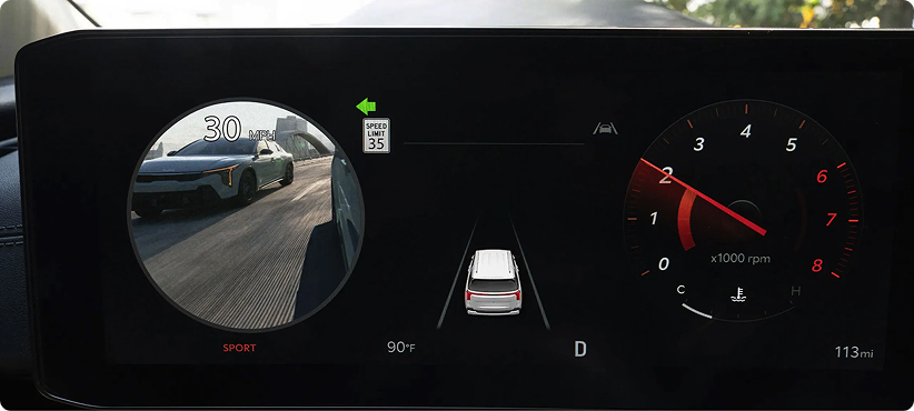 Digital gauge cluster displaying the Blind-Spot View Monitor camera feed