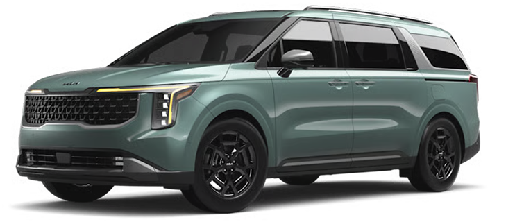 Sage green 2027 Carnival MPV SX Prestige, front three-quarter view