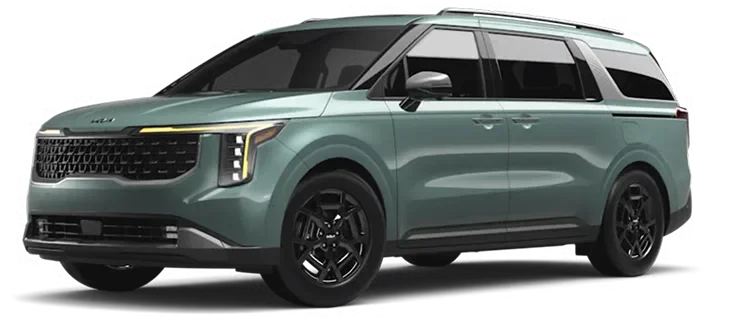 Sage green 2027 Carnival MPV SX Prestige, front three-quarter view