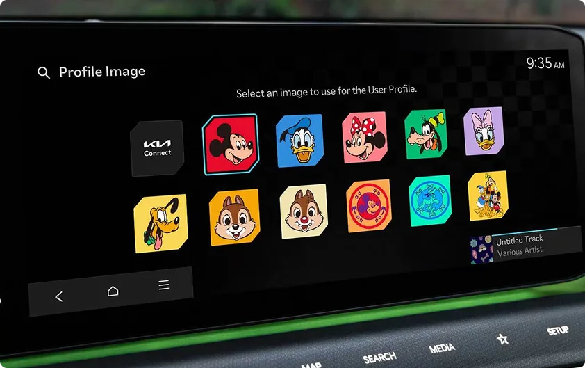 Touchscreen profile picker showing a grid of Disney character display themes