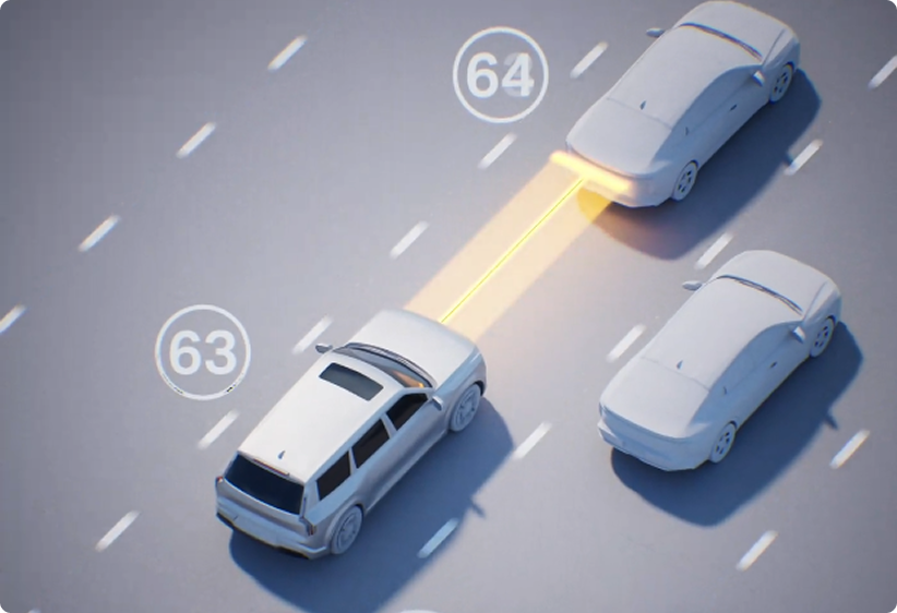 Illustration of Highway Driving Assist 2 keeping a set speed and distance behind a detected vehicle