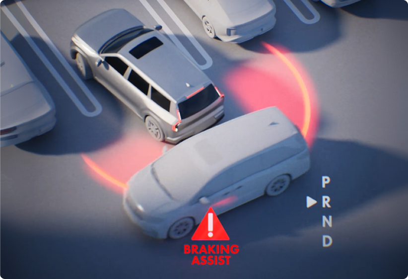 Illustration of Rear Cross-Traffic Collision-Avoidance Assist detecting a car while reversing from a parking spot