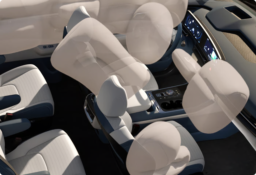 Cutaway view of a Carnival MPV cabin with all seven airbags deployed