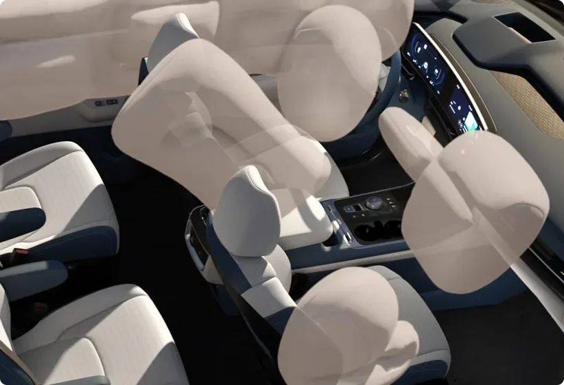 Cutaway view of a Carnival MPV cabin with all seven airbags deployed