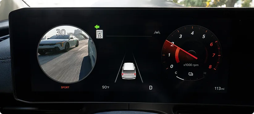 Digital gauge cluster displaying the Blind-Spot View Monitor camera feed