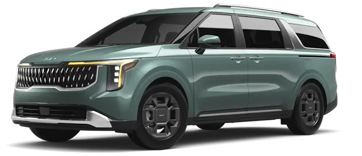 Sage green 2027 Carnival MPV Hybrid EX, front three-quarter view