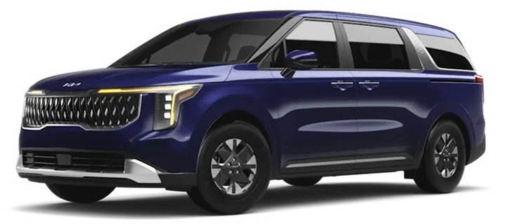 Dark blue 2027 Carnival MPV Hybrid LXS, front three-quarter view