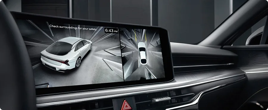 Touchscreen showing the 360-degree Surround View Monitor's aerial view