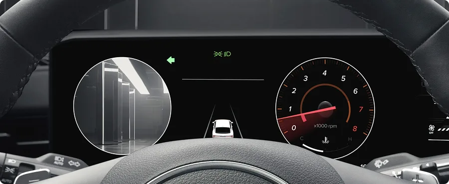 Digital gauge cluster displaying the Blind-Spot View Monitor camera feed