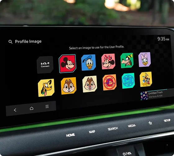 Infotainment screen showing a selection of Disney Display Themes