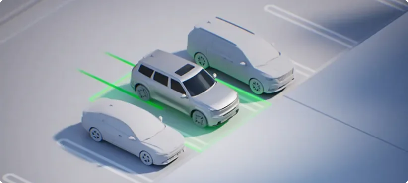 Overhead illustration of a white SUV between parked cars with green sensor beams and an inset camera view