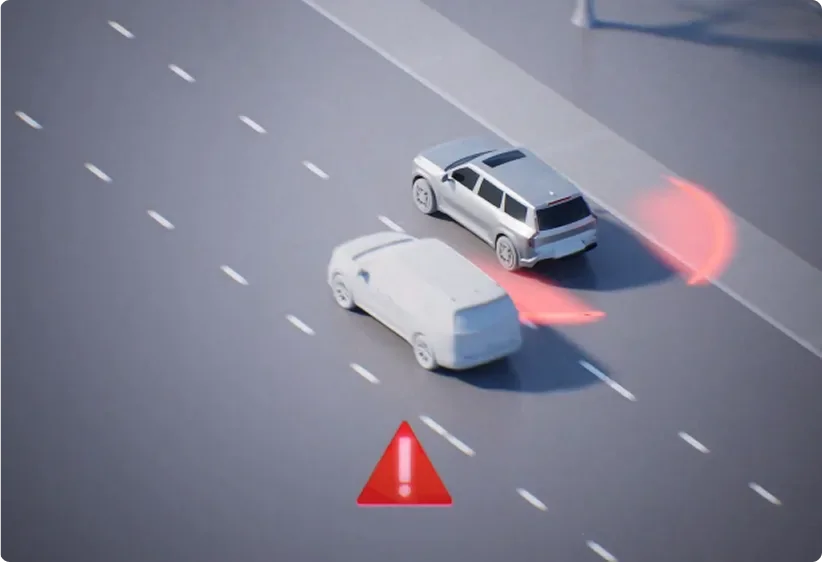 Illustration of a Seltos changing lanes with a red alert zone marking a vehicle in its blind spot