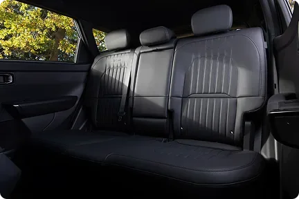 Seltos rear seats in dark upholstery with forest visible through the window