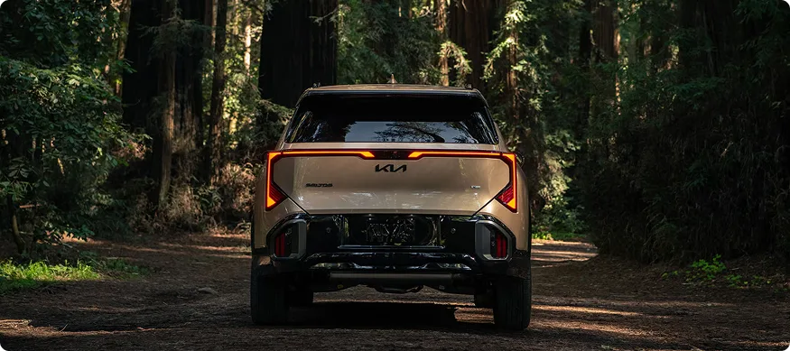 Bronze Kia Seltos seen from behind in a redwood forest with its tail lights lit