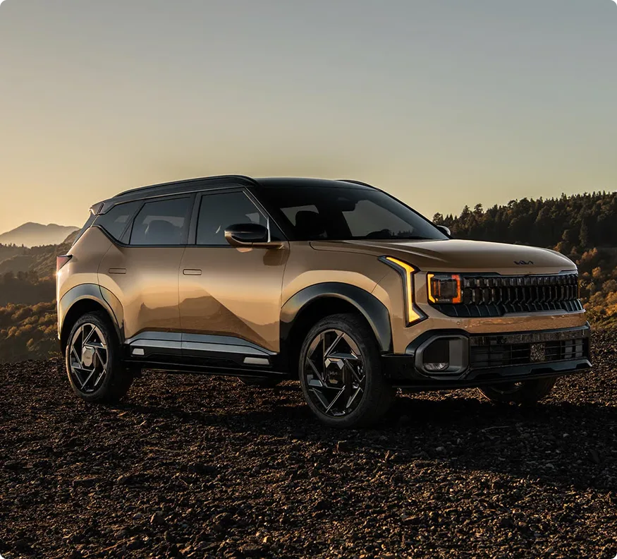 Bronze Kia Seltos in profile on a ridge at sunset