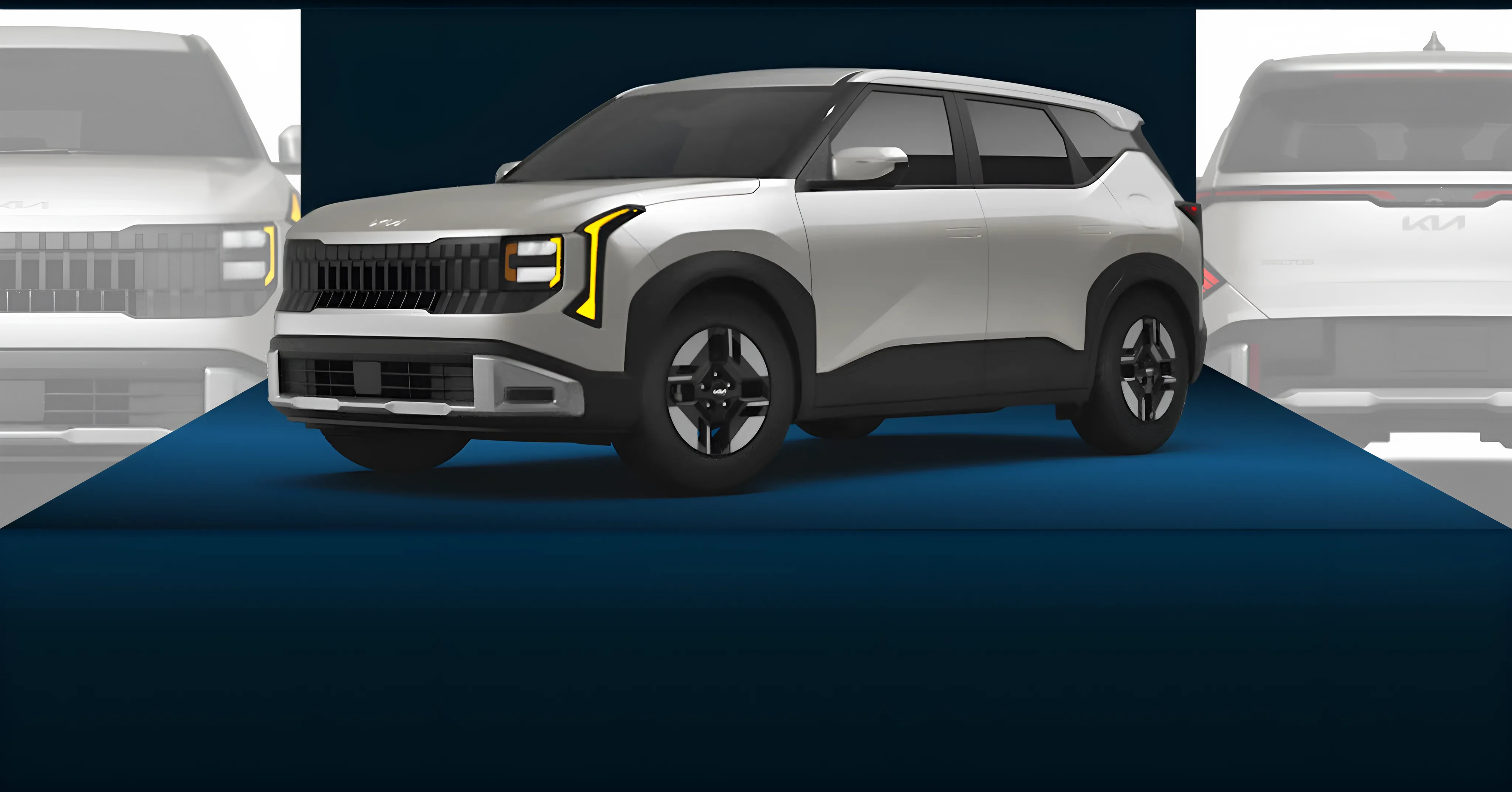 White 2027 Kia Seltos, front three-quarter view, with faded front and rear views behind it