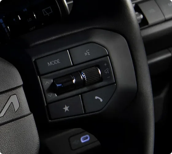 Close-up of the Seltos steering wheel voice and mode controls