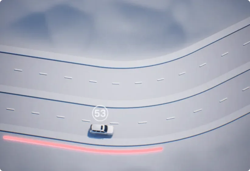 Illustration of a highway curve with a posted speed marker for navigation-based cruise control