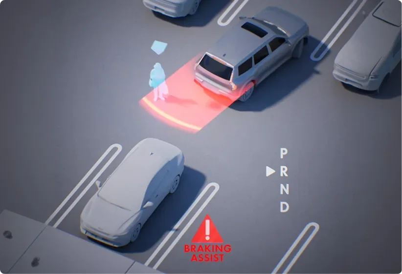 Illustration of a Seltos reversing toward a pedestrian with a red alert zone and braking assist warning