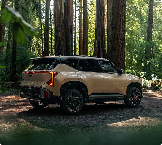 Tan Seltos X-Line parked among redwoods, rear three-quarter view