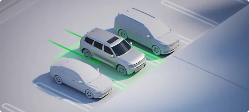 Overhead illustration of a silver Kia SUV between two parked vehicles with green sensor beams sweeping around it