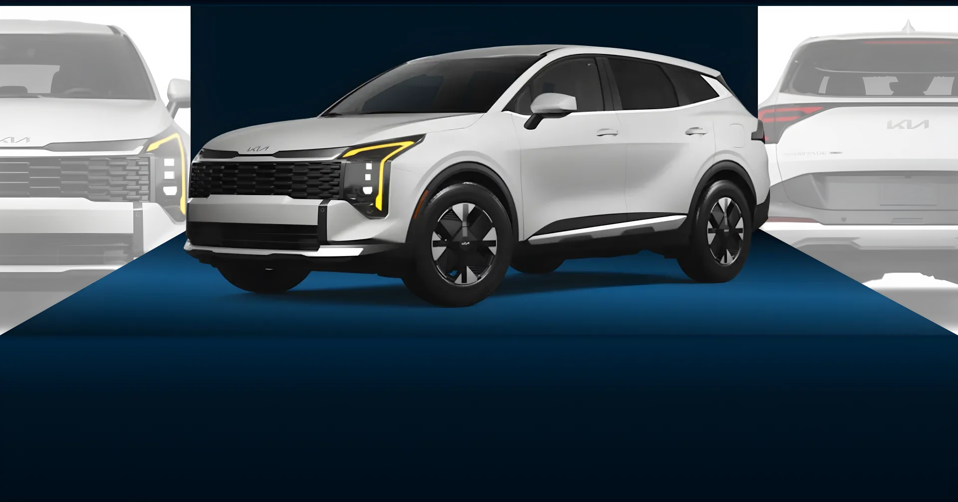 Grey 2027 Kia Sportage Hybrid, front three-quarter view, with faded front and rear views behind it